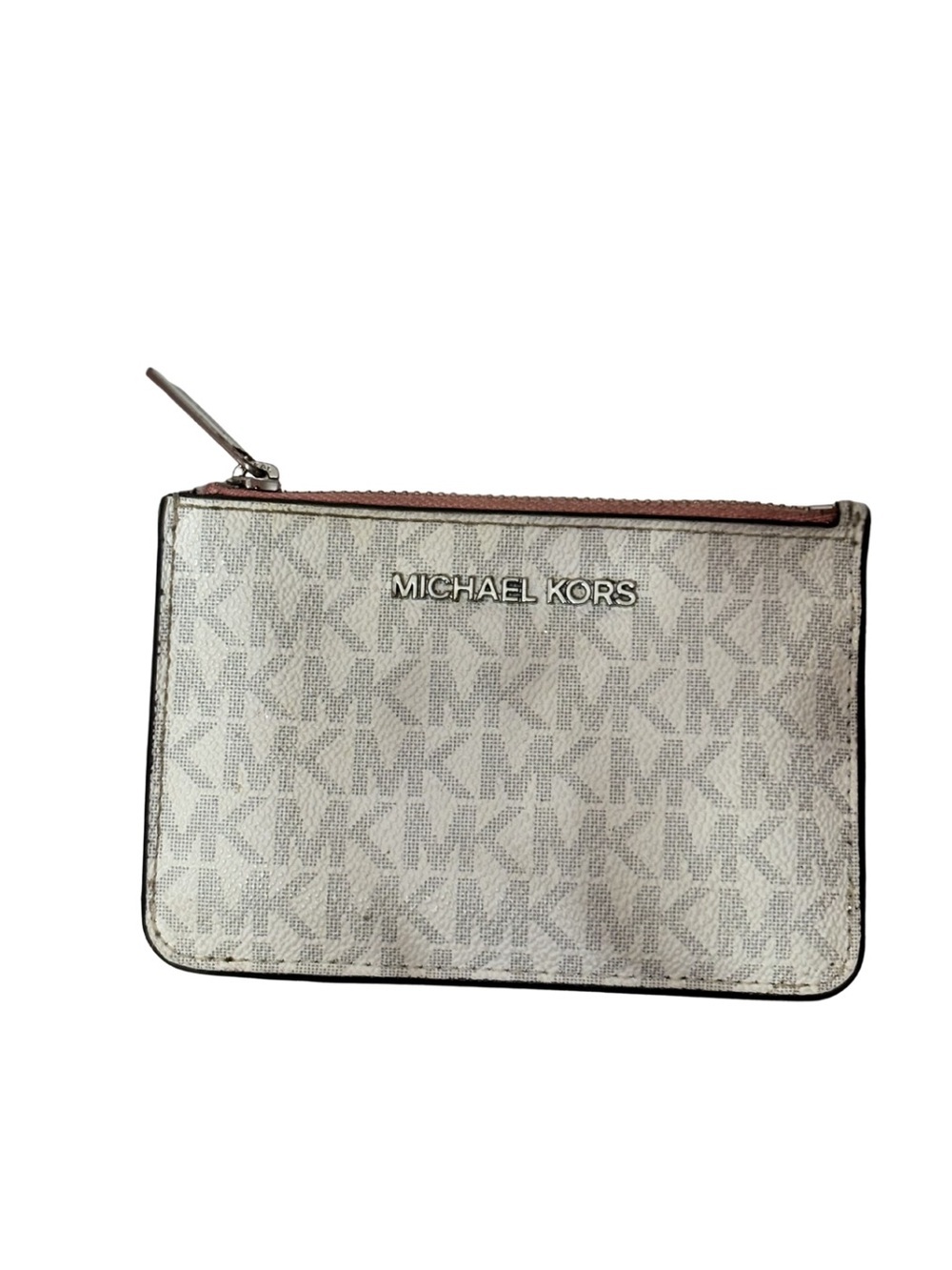 Michael Kors Beige Logo Wristlet with Pink Trim